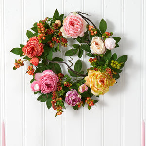 20'' Mixed Peony & Berry Wreath by Nearly Natural