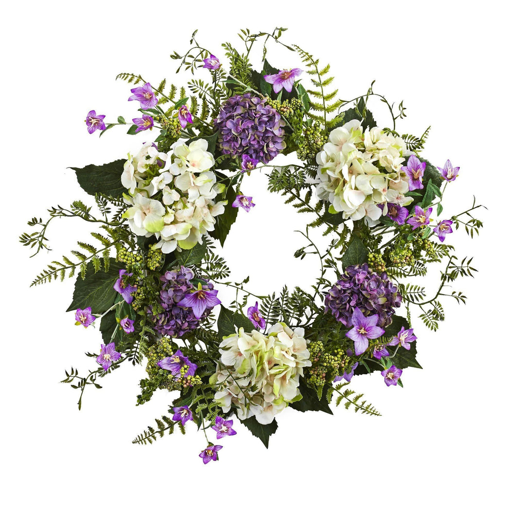 24” Artificial Hydrangea & Berry Wreath Lively Greens and Purple by Nearly Natural